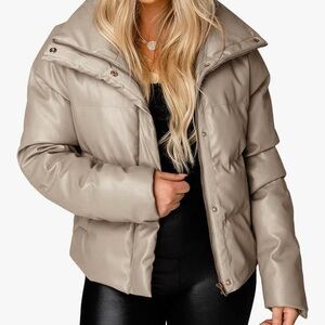 Women's Beige Faux Leather Puffer Jacket